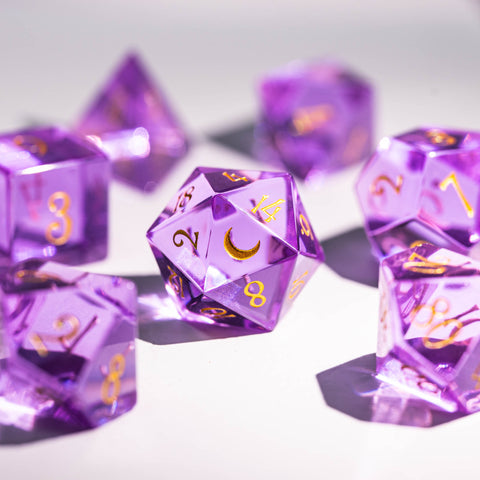 URWizards Dnd Purple Tourmaline Glass Engraved Dice Set Moon Style - Urwizards