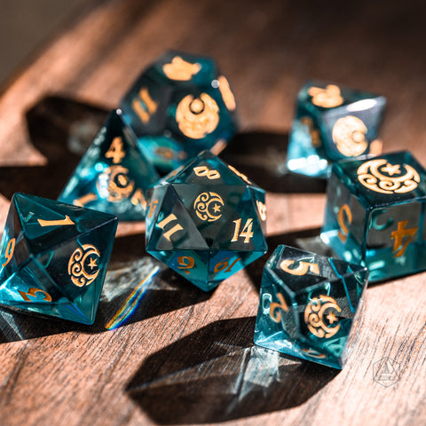 URWizards Dnd Blue Tourmaline Engraved Dice Set Moon Star Style - Urwizards