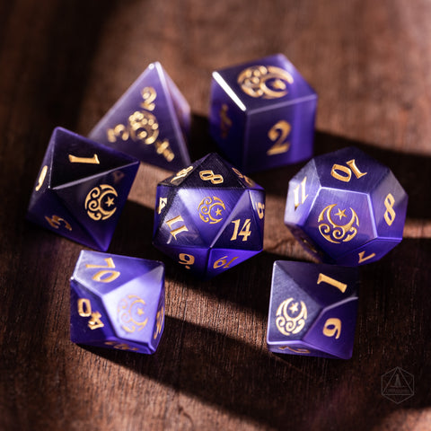 URWizards Dnd Purple Cat's Eye Engraved Dice Set Moon Star Style - Urwizards