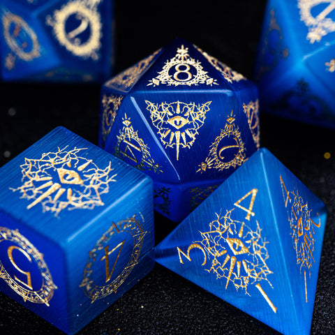 URWizards D&D Blue Cat's Eye Engraved Dice Set Warlock Style - Urwizards