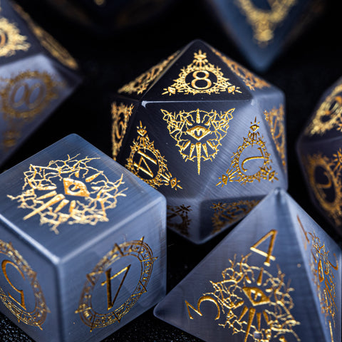 URWizards D&D Grey Cat's Eye Engraved Dice Set Warlock Style - Urwizards