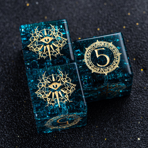 URWizards D&D Blast Blue Glass Engraved Dice Set Warlock Style - Urwizards