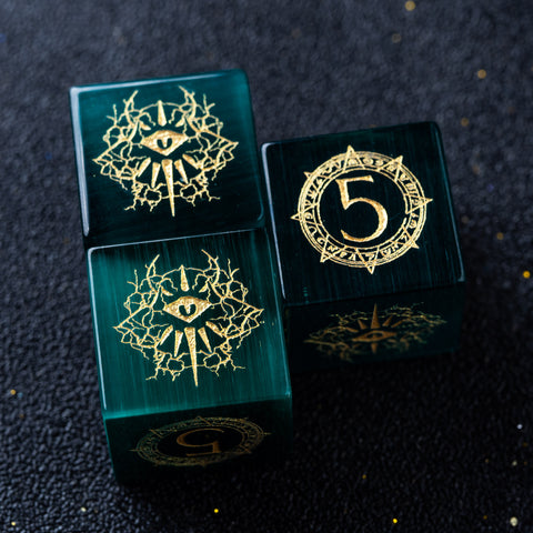 URWizards D&D Teal Green Cat's Eye Engraved Dice Set Warlock Style - Urwizards