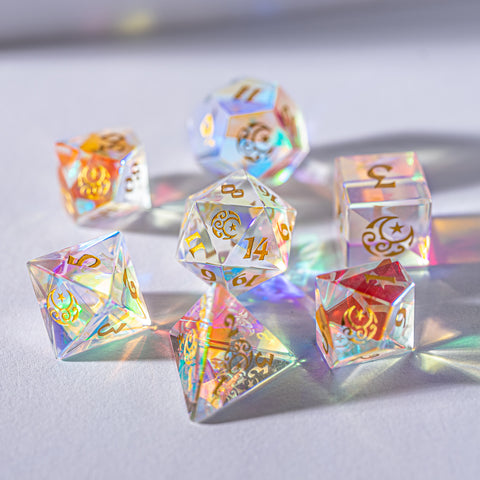 URWizards Dnd Dichroic Prism Glass Gemstone Engraved Dice Set Moon & Star - Urwizards
