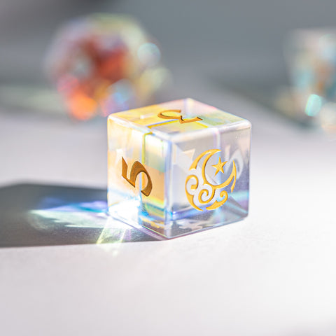 URWizards Dnd Dichroic Prism Glass Gemstone Engraved Dice Set Moon & Star - Urwizards