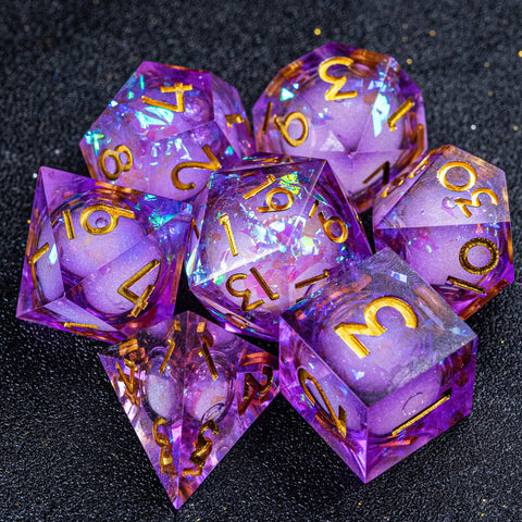 URWizards D&D Purple Glitter Liquid Heart Resin Engraved Dice Set Moon - Urwizards