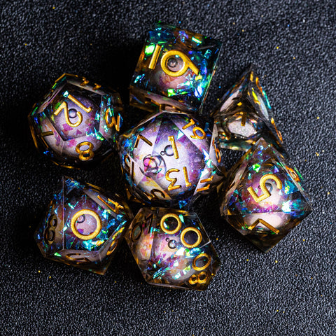 URWizards D&D Dark Glitter Liquid Heart Resin Engraved Dice Set - Urwizards
