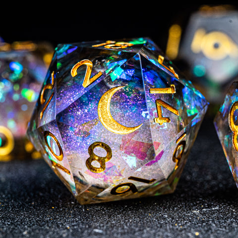 URWizards D&D Dark Glitter Liquid Heart Resin Engraved Dice Set Moon - Urwizards