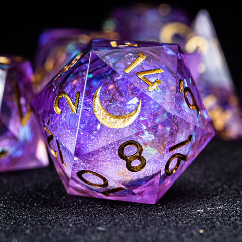 URWizards D&D Purple Glitter Liquid Heart Resin Engraved Dice Set Moon - Urwizards