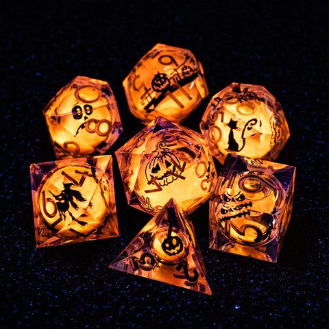 URWizards D&D Glow in the Dark Liquid Core Resin Engraved Dice Set Halloween - Urwizards