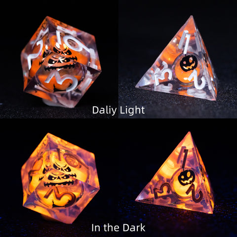 URWizards D&D Glow in the Dark Liquid Core Resin Engraved Dice Set Halloween - Urwizards