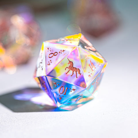 URWizards Dnd Dichroic Prism Glass Engraved Dice Set Unicorn Style Rose Red Inked - Urwizards