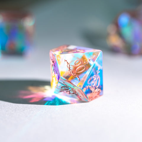 URWizards Dnd Dichroic Prism Glass Engraved Dice Set Unicorn Style Rose Red Inked - Urwizards