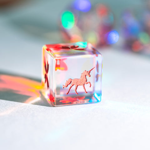 URWizards Dnd Dichroic Prism Glass Engraved Dice Set Unicorn Style Rose Red Inked - Urwizards