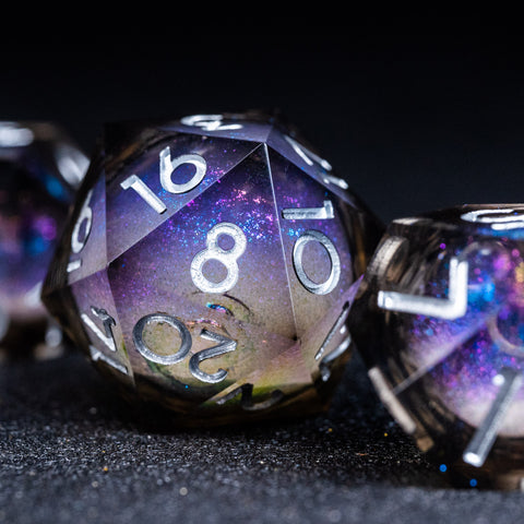 URWizards D&D Starry Liquid Heart Resin Engraved Dice Set Smoky - Urwizards