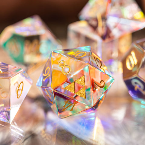 URWizards Dnd Dichroic Prism Glass Gemstone Engraved Dice Set Triforce - Urwizards