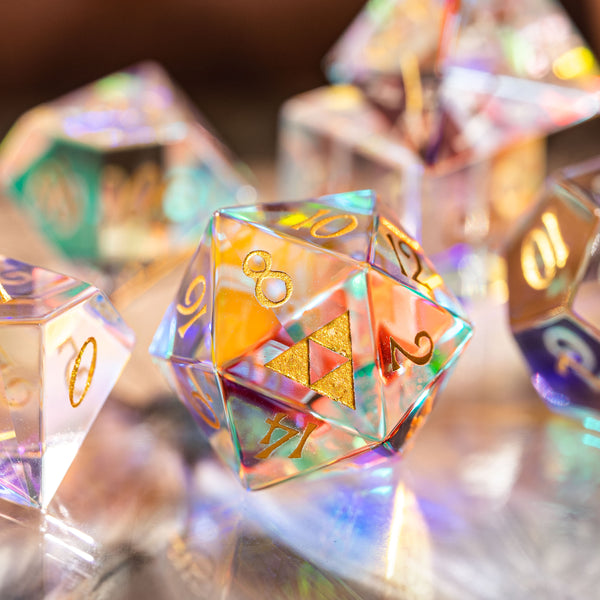 URWizards D&D Dichroic Prism Glass Gemstone Engraved Dice Set Triforce