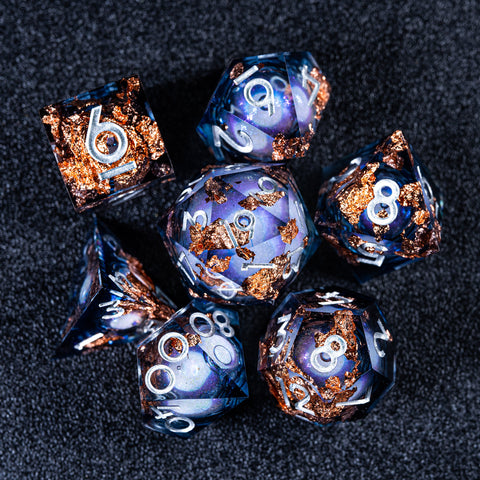 URWizards D&D Starry Liquid Heart Resin Engraved Dice Set Copper Flakes - Urwizards