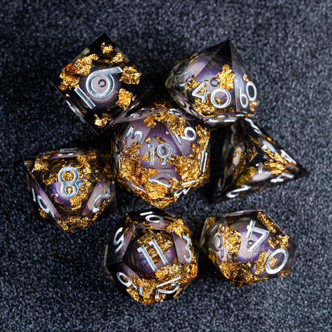 URWizards D&D Smoky Liquid Heart Resin Engraved Dice Set Golden Flakes - Urwizards