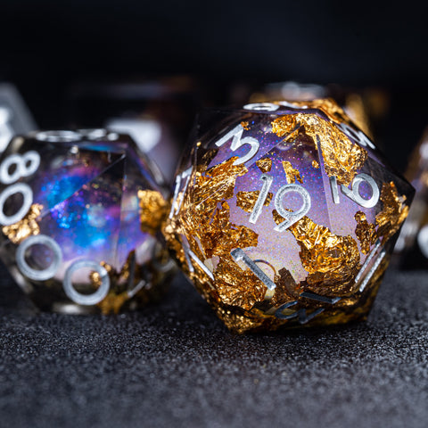 URWizards D&D Smoky Liquid Heart Resin Engraved Dice Set Golden Flakes - Urwizards