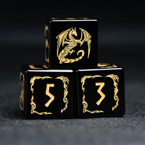 URWizards D&D Obsidian Engraved Dice Set Flying Dragon - Urwizards