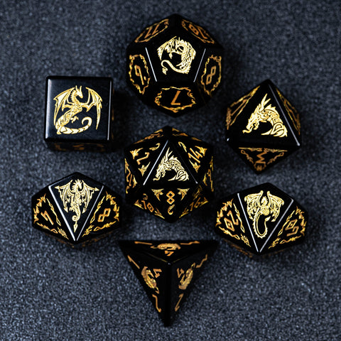 URWizards D&D Obsidian Engraved Dice Set Flying Dragon - Urwizards