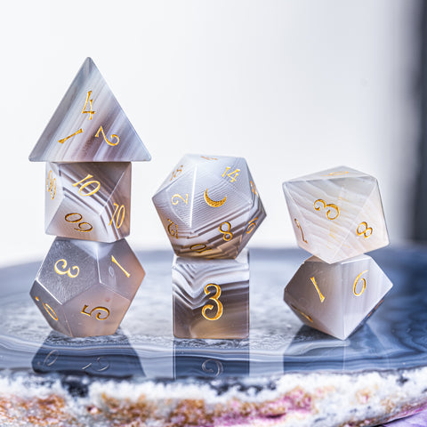 URWizards Dnd Grey Agate Gemstone Engraved Dice Set Moon Style - Urwizards
