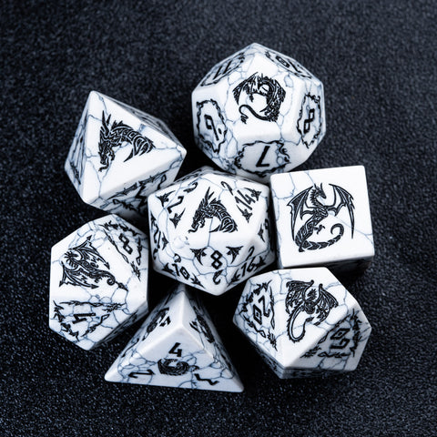 URWizards D&D White Howlite Engraved Dice Set Flying Dragon - Urwizards