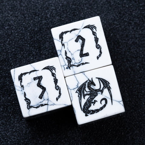 URWizards D&D White Howlite Engraved Dice Set Flying Dragon - Urwizards