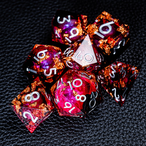 URWizards D&D Bloody Liquid Heart Resin Engraved Dice Set Copper Flakes - Urwizards