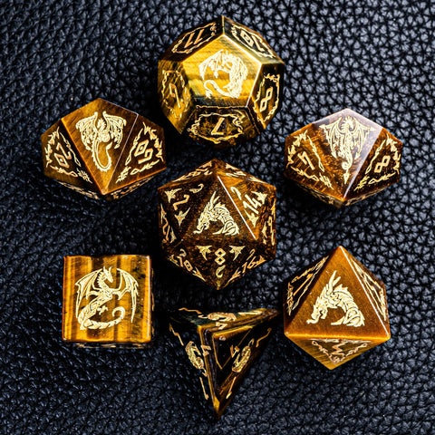 URWizards D&D Tiger's Eye Stone Engraved Dice Set Flying Dragon - Urwizards