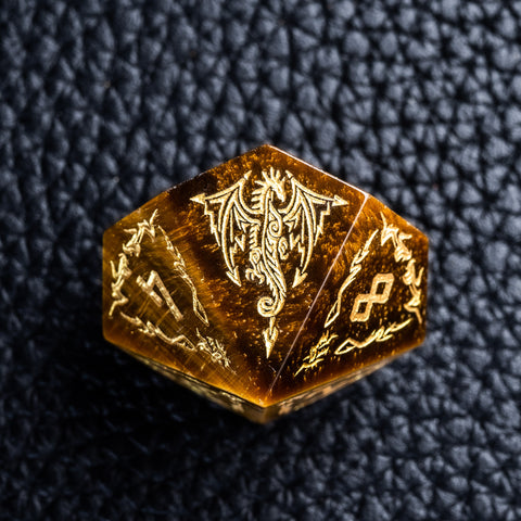 URWizards D&D Tiger's Eye Stone Engraved Dice Set Flying Dragon - Urwizards