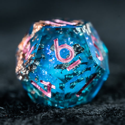 URWizards D&D Pale Blue Liquid Heart Resin Engraved Dice Set Copper Flakes - Urwizards