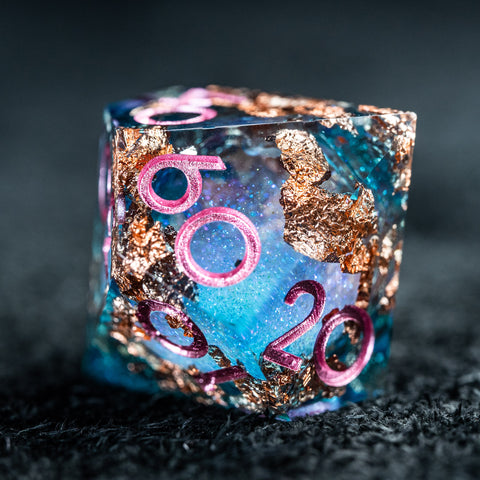 URWizards D&D Pale Blue Liquid Heart Resin Engraved Dice Set Copper Flakes - Urwizards