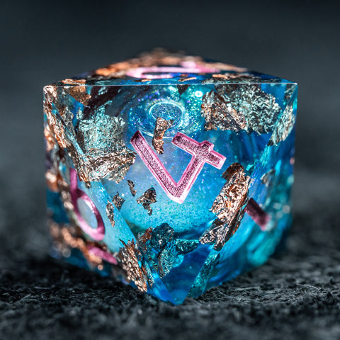 URWizards D&D Pale Blue Liquid Heart Resin Engraved Dice Set Copper Flakes - Urwizards