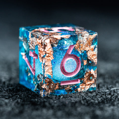 URWizards D&D Pale Blue Liquid Heart Resin Engraved Dice Set Copper Flakes - Urwizards