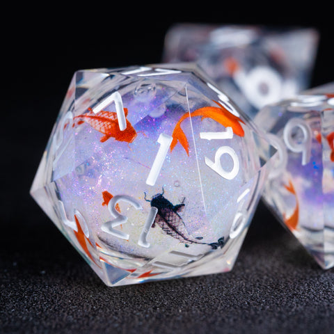 URWizards D&D Starry Liquid Heart Resin Engraved Dice Set Koi Fish - Urwizards