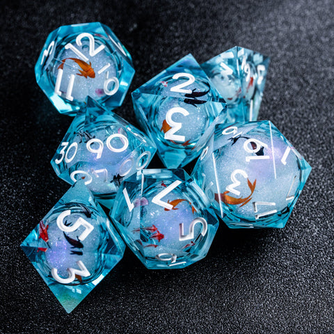 URWizards D&D Starry Liquid Heart Resin Engraved Dice Set Koi Fish - Urwizards