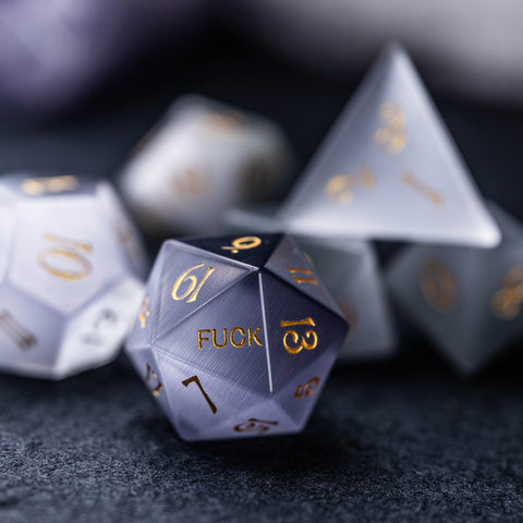 URWizards Dnd Grey Cat's Eye Stone Engraved Dice Set YEET & F*CK - Urwizards