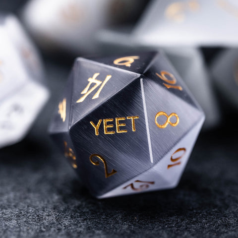 URWizards Dnd Grey Cat's Eye Stone Engraved Dice Set YEET & F*CK - Urwizards