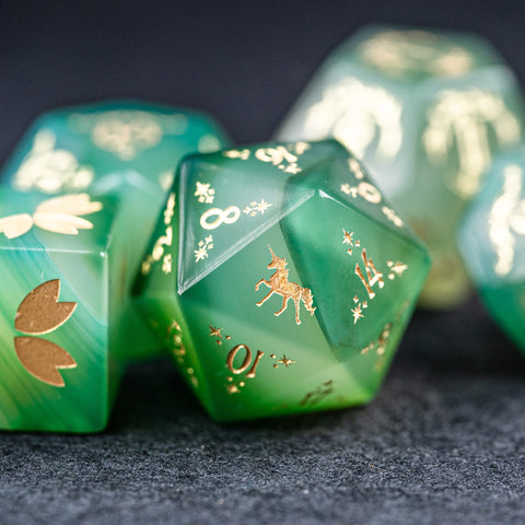 URWizards Dnd Green Agate Engraved Dice Set Unicorn Style - Urwizards