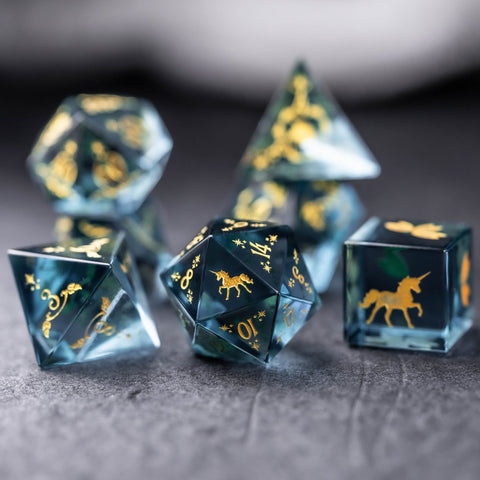 URWizards Dnd Blue Tourmaline Engraved Dice Set Unicorn Style Gold Inked - Urwizards