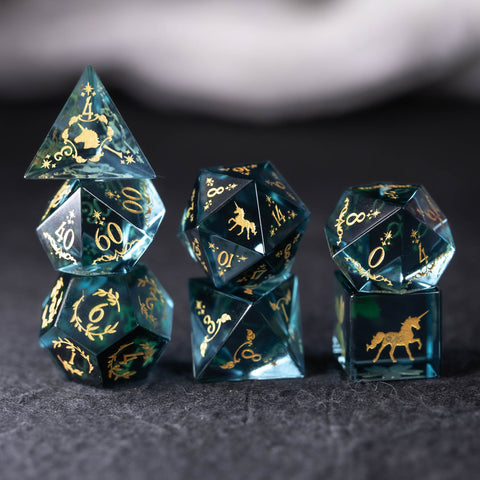 URWizards Dnd Blue Tourmaline Engraved Dice Set Unicorn Style Gold Inked - Urwizards