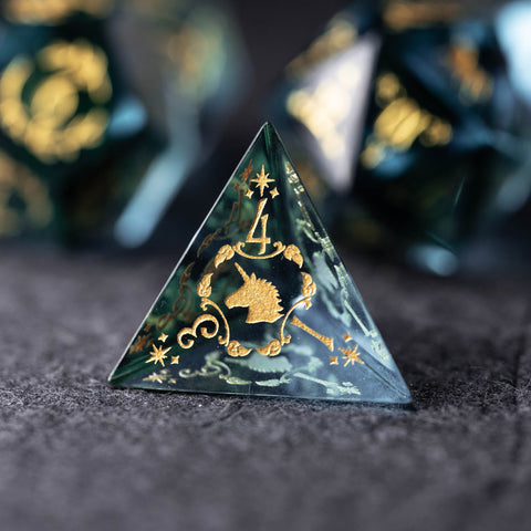 URWizards Dnd Blue Tourmaline Engraved Dice Set Unicorn Style Gold Inked - Urwizards