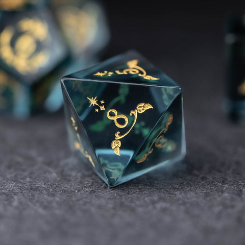 URWizards Dnd Blue Tourmaline Engraved Dice Set Unicorn Style Gold Inked - Urwizards