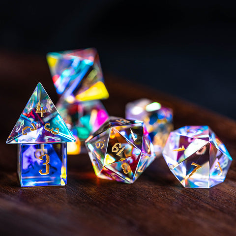 URWizards Dnd Dichroic Prism Glass Gemstone Engraved Dice Set Wizard Lightning - Urwizards