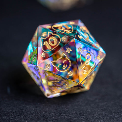 URWizards Dnd Engraved Dichroic Prism Glass Dice Set Meow Style Gold Inked - Urwizards