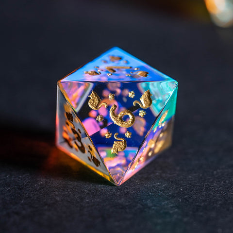 URWizards Dnd Engraved Dichroic Prism Glass Dice Set Meow Style Gold Inked - Urwizards