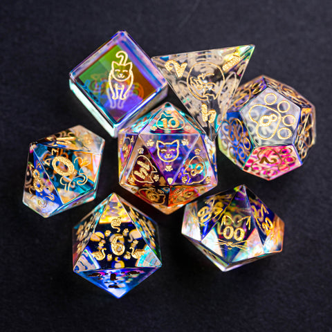 URWizards Dnd Engraved Dichroic Prism Glass Dice Set Meow Style Gold Inked - Urwizards