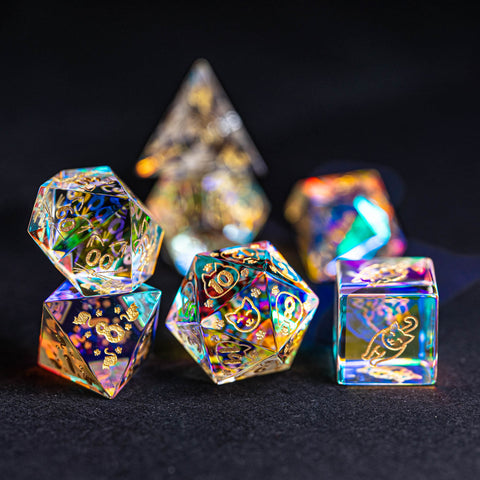 URWizards Dnd Engraved Dichroic Prism Glass Dice Set Meow Style Gold Inked - Urwizards